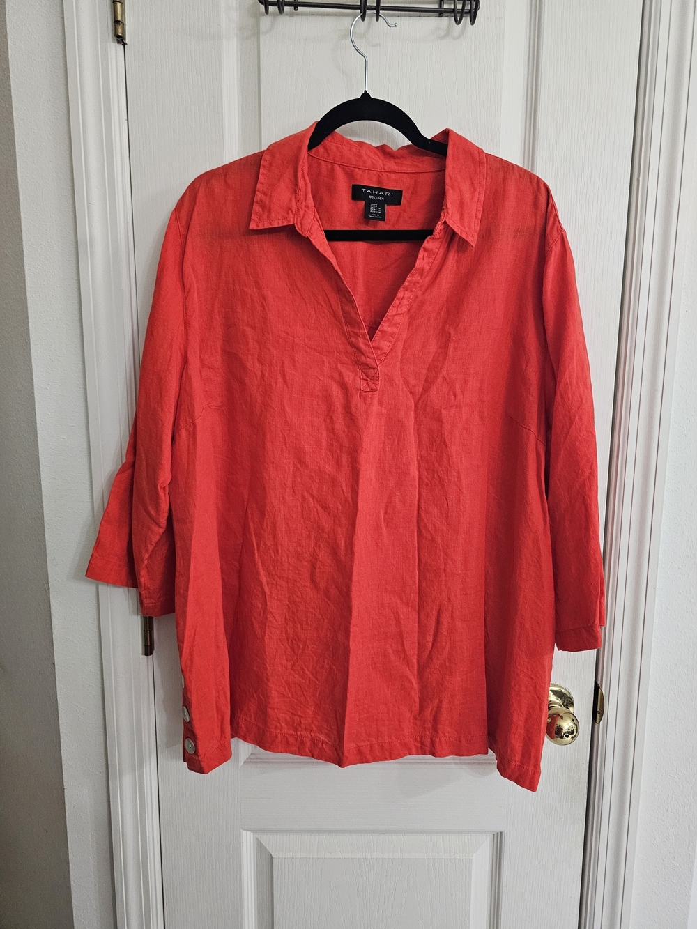 Tahari 100% Linen Coral-Red Split V-Neck Tunic